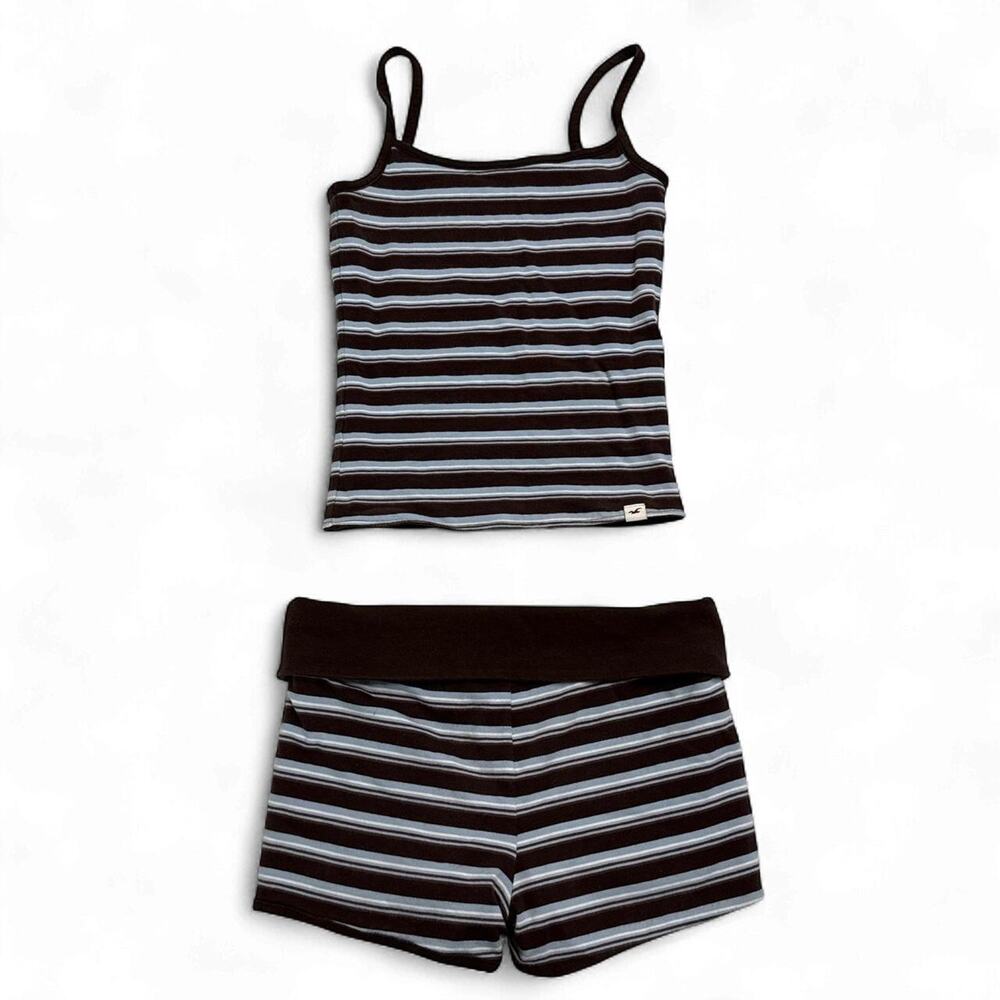 Y2K Hollister Co. white brown striped tank top shorts set Size XXS Low rise fold